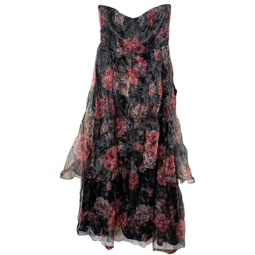 Lulus Truly Extraordinary Black Floral Organza Tiered Strapless Maxi Dress Large - Picture 4 of 10